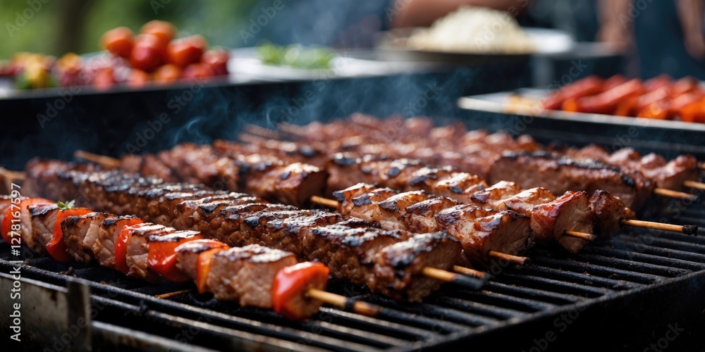 Grilled meat skewers with vegetables on barbecue grill in outdoor cooking scene during summer gathering Grilled meat skewers with vegetables on barbecue grill in outdoor cooking scene during summer gathering