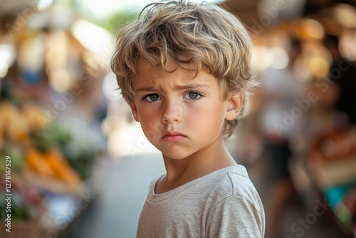 Young boy gazes thoughtfully in a vibrant market during a sunny afternoon