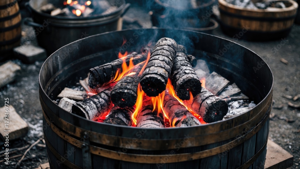 Burning logs in a wooden barrel with flames and smoke on a rustic outdoor setting