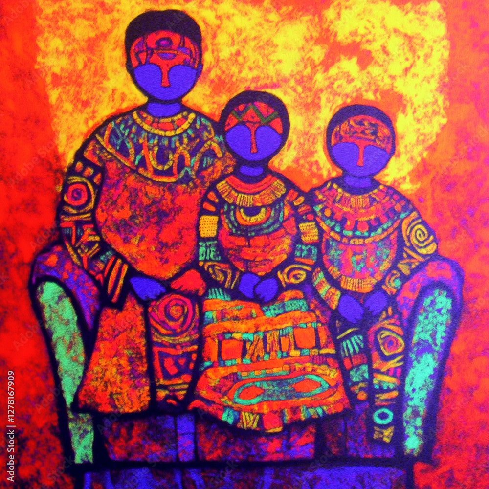 Fototapeta premium Joyful African Family Portrait with Traditional Attire Against Abstract Background
