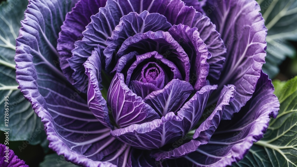 Obraz premium Close-up of a vibrant purple ornamental cabbage with intricate leaf patterns and rich textures in a garden setting