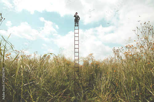 man on an infinite ladder looking with his telescope beyond the sky