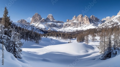 Wallpaper Mural 77.A wide-angle shot of towering alpine mountains with deep snow, framed by a bright, cloudless blue sky, capturing the pure essence of winter in a scenic and expansive view. Torontodigital.ca