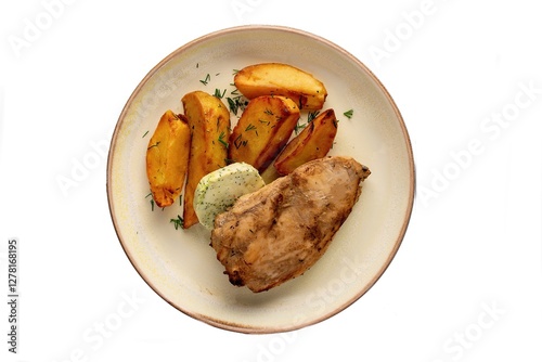 Fried chicken and potato on the plate, top view, isolated on white. photo