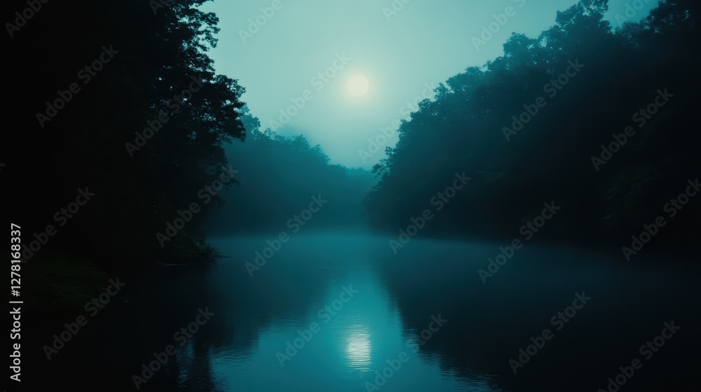 Fototapeta premium Misty moonlit river landscape reflecting tranquil nature