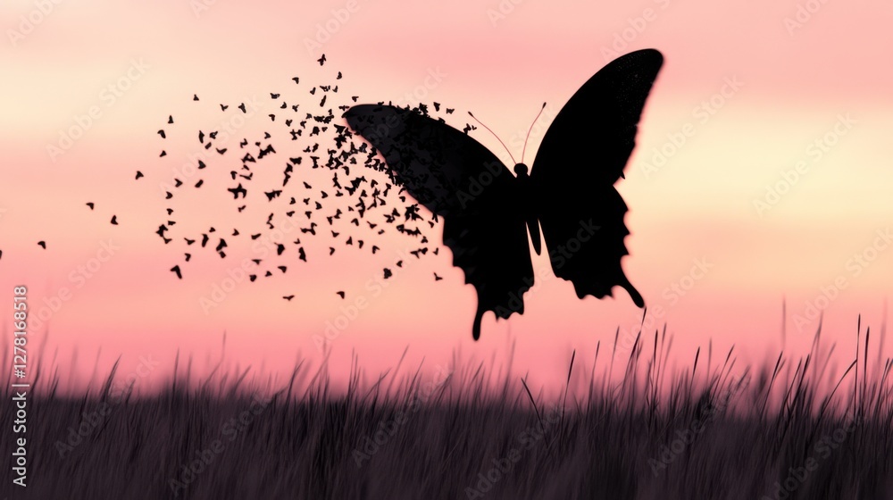 Fototapeta premium Butterfly silhouette in sunset field with flock of birds