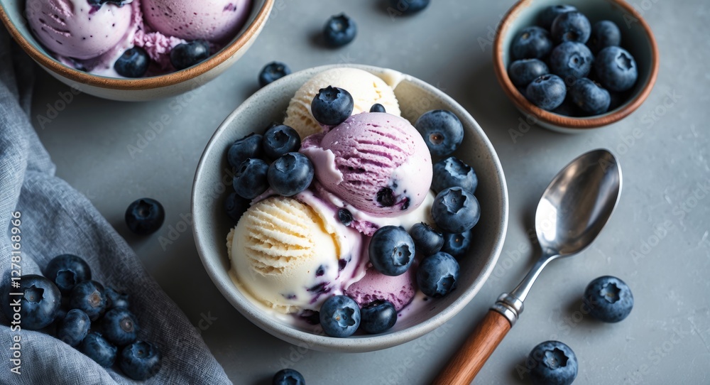 Bowl of three colorful ice cream scoops topped with fresh blueberries on gray background with spoon and textile Bowl of three colorful ice cream scoops topped with fresh blueberries on gray background with spoon and textile