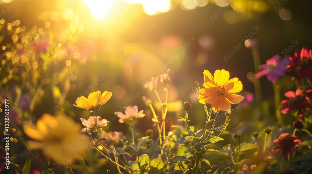 Obraz premium Close up of wildflowers in golden light.