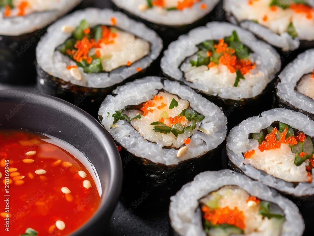 Sushi rolls with vibrant herbs and spicy dipping sauce Sushi rolls with vibrant herbs and spicy dipping sauce