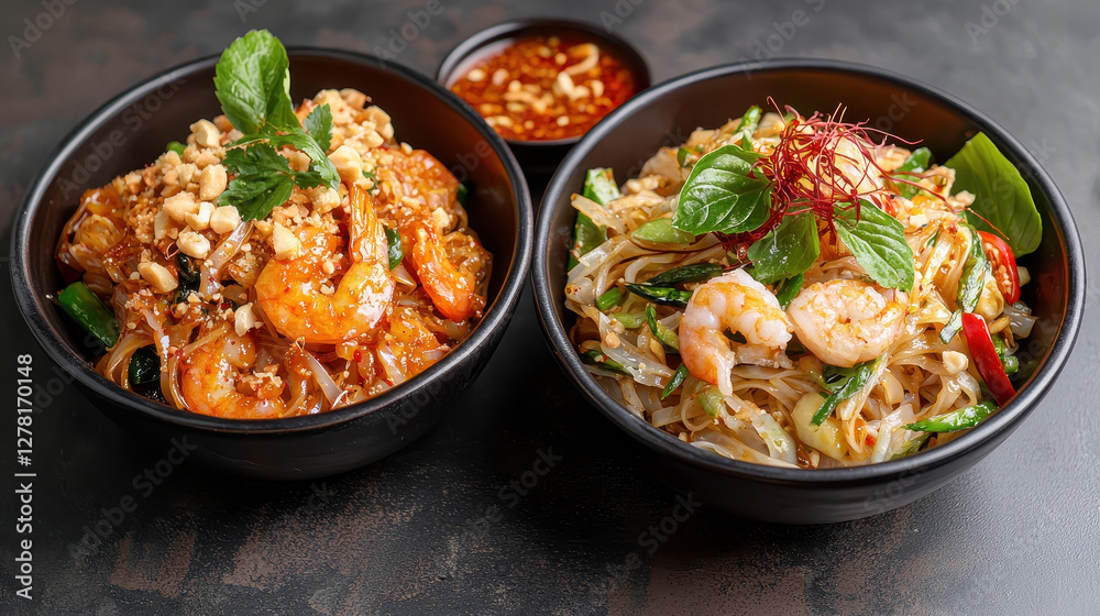 Two bowls of Thai noodle dishes with shrimp and herbs Two bowls of Thai noodle dishes with shrimp and herbs