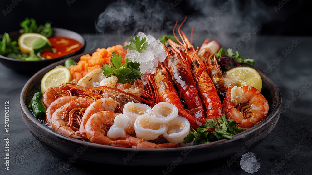 Lavish Thai style seafood platter with dry ice and fresh garnish Lavish Thai style seafood platter with dry ice and fresh garnish