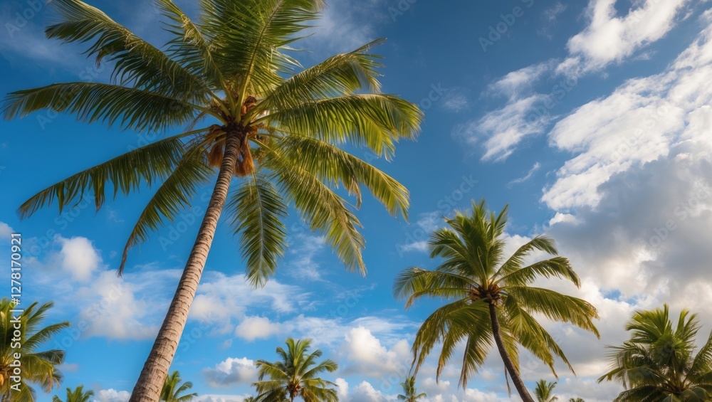 Tropical palm trees against a backdrop of blue sky and fluffy white clouds in a bright sunny day. Tropical palm trees against a backdrop of blue sky and fluffy white clouds in a bright sunny day.