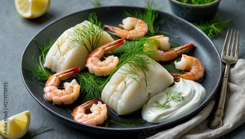 Platter of cooked white fish fillets garnished with shrimp and fresh dill served with creamy sauce and lemon wedges on a dark plate photo