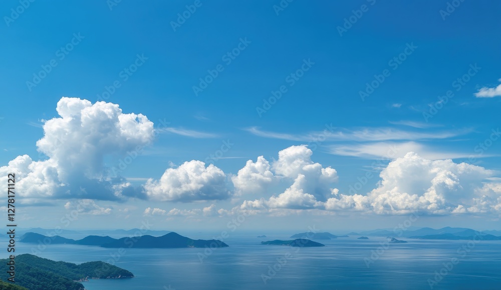 Cloudscape Over Ocean: A serene landscape of fluffy white clouds drifting across a vast azure sky, with a serene blue ocean stretching towards the horizon. Cloudscape Over Ocean: A serene landscape of fluffy white clouds drifting across a vast azure sky, with a serene blue ocean stretching towards the horizon.