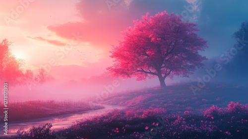 A pink tree stands by a winding stream in a scenic setting