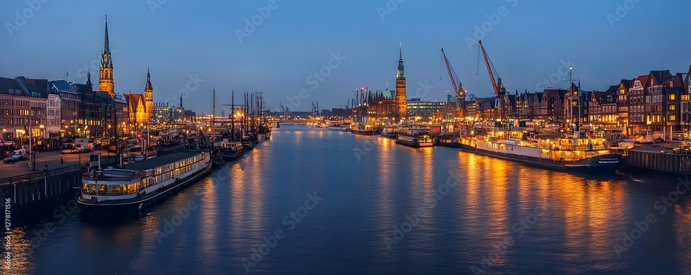 A panoramic view of the bustling Hamburg Port at night, with illuminated ships, cranes, and the reflection of city lights in the water A panoramic view of the bustling Hamburg Port at night, with illuminated ships, cranes, and the reflection of city lights in the water