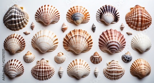 Various seashells arranged on a light background showcasing different shapes and patterns of marine mollusks
