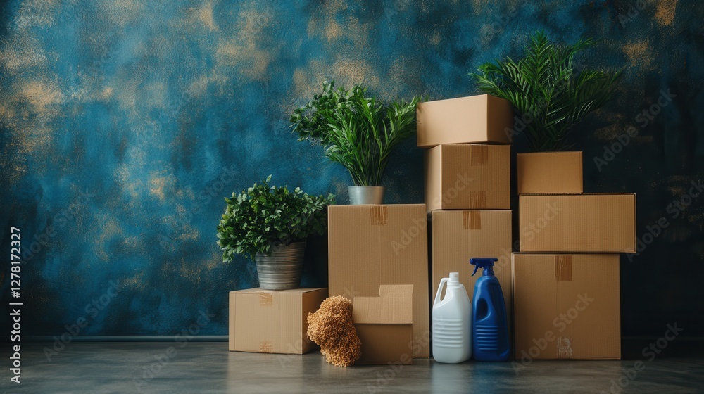 Fototapeta premium Moving day scene with cardboard boxes plants and cleaning supplies against a textured blue wall creating a cozy and organized atmosphere in a home interior