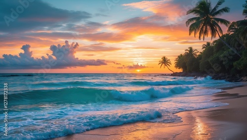 Tropical beach at sunset with vibrant skies, gentle waves lapping at sandy shore, and palm trees silhouetted against colorful horizon.