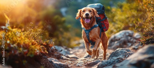 Happy Golden Retriever dog hiking on a trail with backpack.