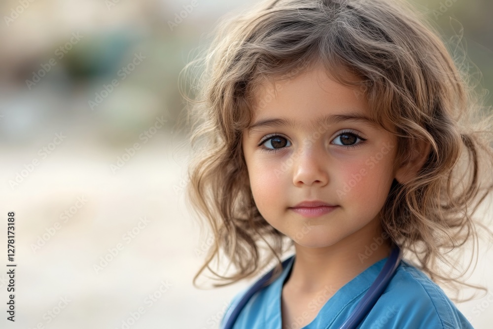 Young child with curly hair wears a blue outfit and stethoscope, embodying a future in medicine Young child with curly hair wears a blue outfit and stethoscope, embodying a future in medicine