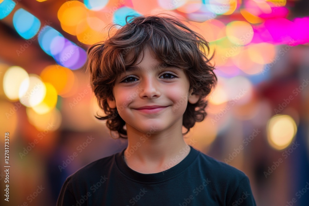 Young boy smiling with colorful lights in the background at a festive night market Young boy smiling with colorful lights in the background at a festive night market