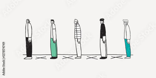 Social distancing people doodle collage element vector