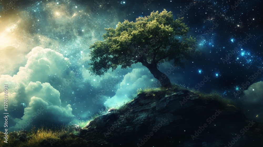 Lone tree on a hilltop surrounded by glowing clouds and stars Lone tree on a hilltop surrounded by glowing clouds and stars