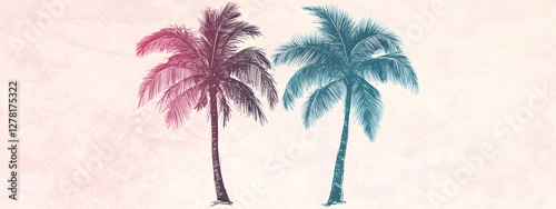 Illustration of two palm trees, white background, pink and blue colors

