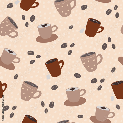 Cup of fresh coffee, tea on handmade napkin, seamlerss pattern. Design for postcard, cafe, restaurant. Flat handdrawn vector illustration
