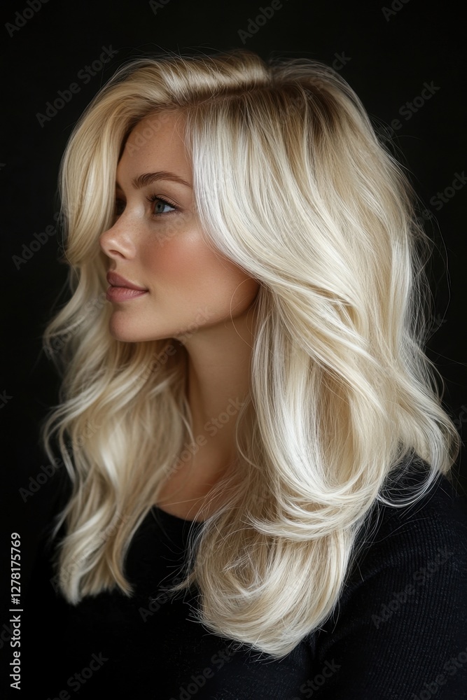 Naklejka premium Radiant woman with flowing blonde hair in profile against a dark background showcasing beauty and style for fashion and hair care products
