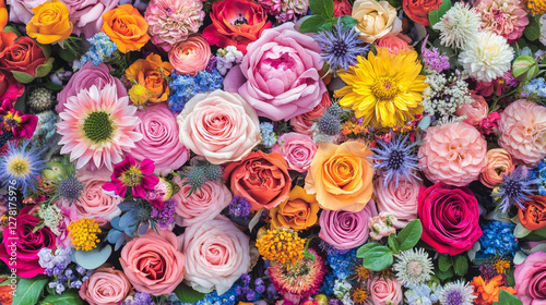 Vibrant floral background with an assortment of fresh roses, daisies, sunflowers, hydrangeas, and wildflowers in various colors, creating a lush and decorative botanical texture for wedding invitation