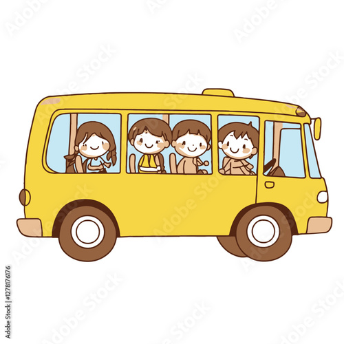 A yellow school bus with happy children sitting inside