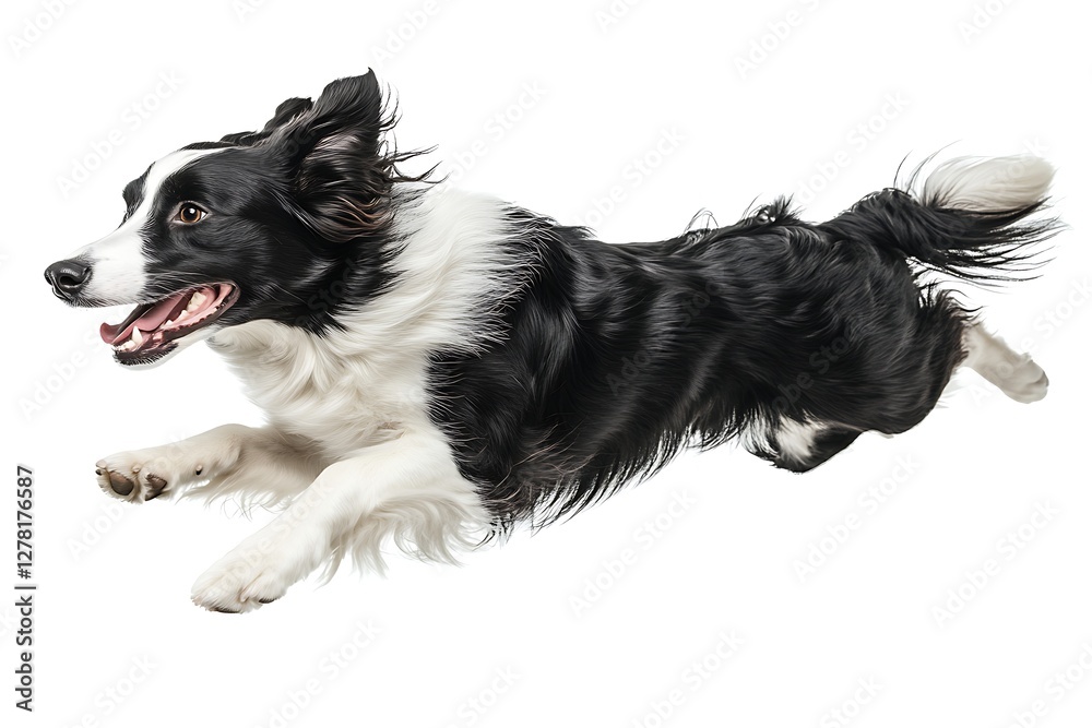 Black and white dog running in mid-air against white background Black and white dog running in mid-air against white background
