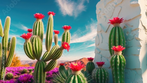 Cactus plants with blooming red flowers against a blue sky and white wall in a desert landscape with purple flowers and mountains in the background