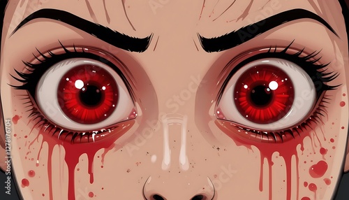 Close-up illustration of a girl's face with wide, bloodshot eyes, tears streaming down her cheeks, and blood splatters on her skin, depicting intense fear or pain.