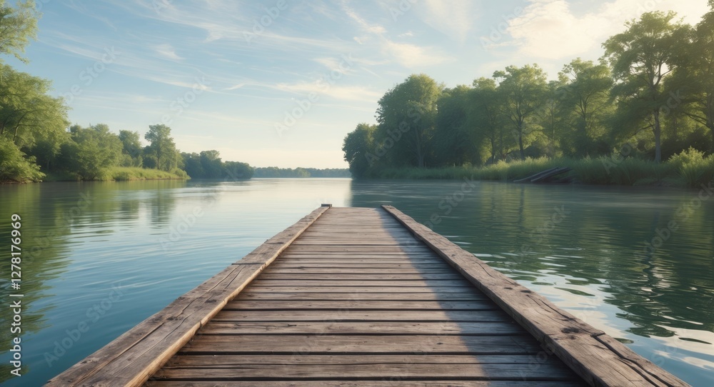 Wooden dock extending into calm water surrounded by lush greenery under a clear sky in a tranquil natural landscape. Wooden dock extending into calm water surrounded by lush greenery under a clear sky in a tranquil natural landscape.