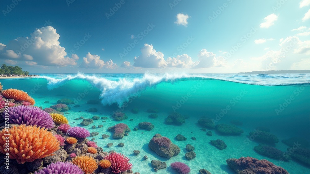 Fototapeta premium Split view of vibrant coral reef underwater with ocean waves and clear blue sky above 