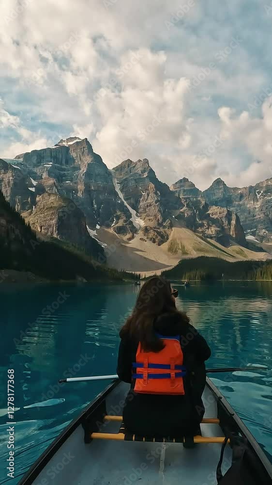woman paddles through the crystal-clear waters of Moraine Lake surrounded by towering peaks