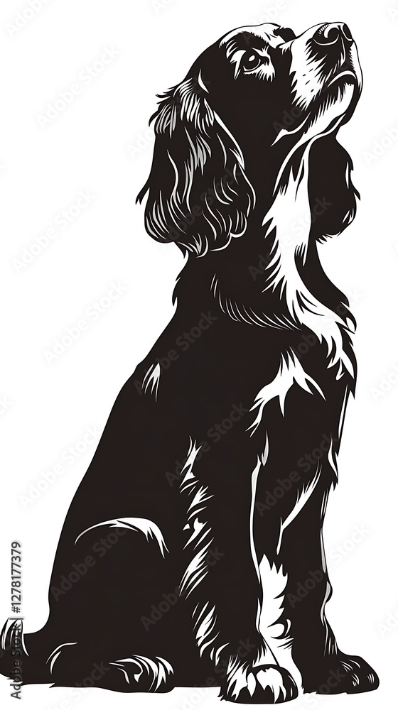 Obraz premium Black and white dog, sitting, looking up, isolated background