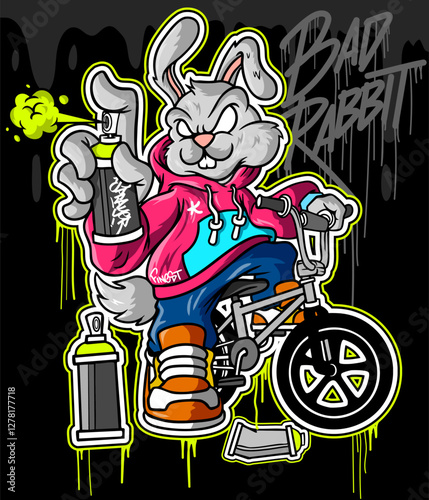 Rabbit Graffiti Cartoon Character. Rabbit Illustration sitting pose on a bicycle with holding spray paint