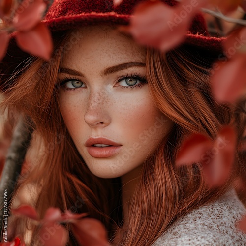 Redhead woman autumn leaves portrait (1) photo