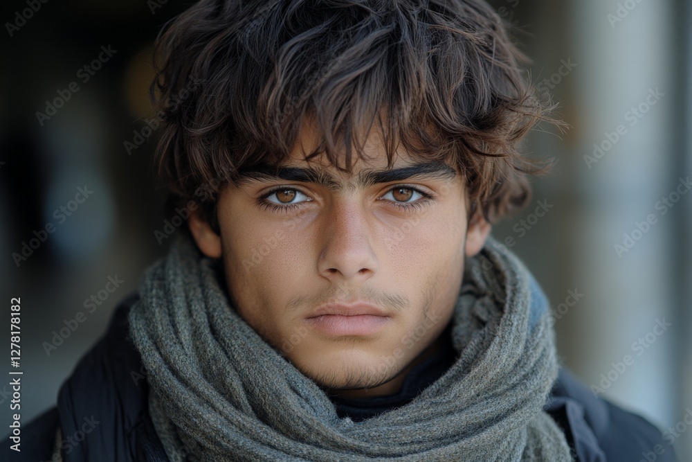 Portrait of a young man with curly hair and scarf in an urban setting during daylight hours Portrait of a young man with curly hair and scarf in an urban setting during daylight hours