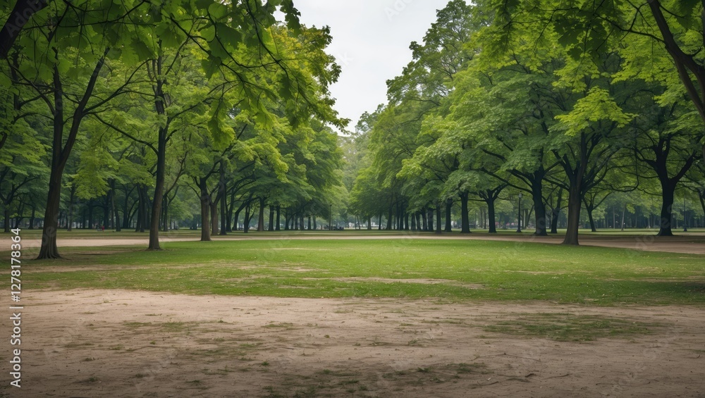 Obraz premium Lush green park landscape with symmetrical rows of trees and open grass space under an overcast sky.