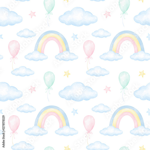 rainbow, balloon, cloud. Watercolor seamless pattern in pastel colors. Cute illustration for children's textile, paper design