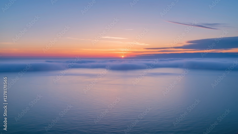 Obraz premium Sunset over calm ocean with gentle waves and fog covering the water illuminated by warm colors in the sky.
