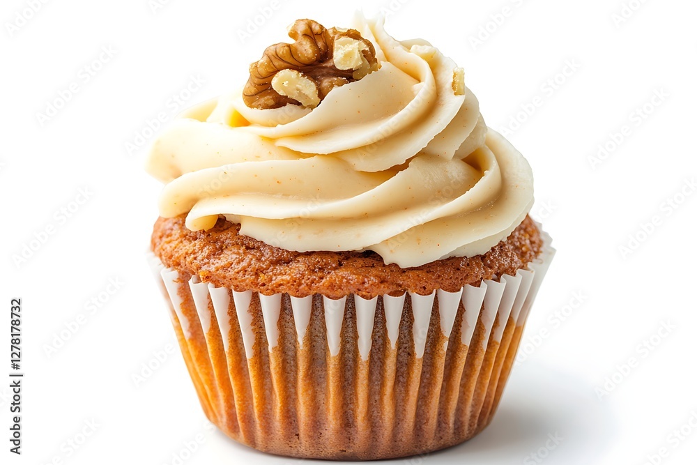 Close-up of a carrot cake cupcake with cream cheese frosting and walnuts, studio shot on white background Close-up of a carrot cake cupcake with cream cheese frosting and walnuts, studio shot on white background