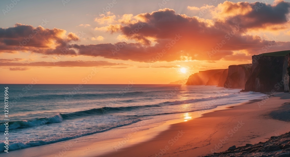 Obraz premium Sunset over the ocean with waves lapping on the sandy beach and cliffs in the background under a colorful sky