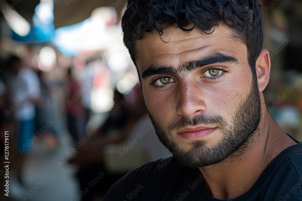 Obraz premium Young man with striking green eyes in a lively market setting during the day