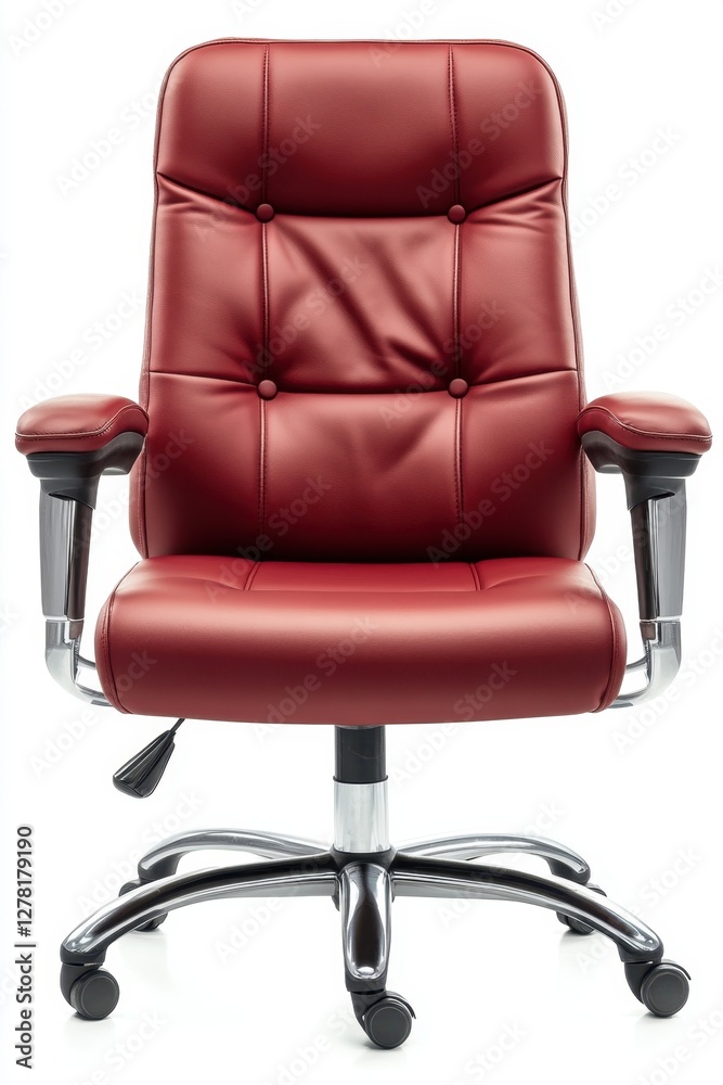 Fototapeta premium Luxurious burgundy leather executive office chair with chrome base and ergonomic design for comfort and style